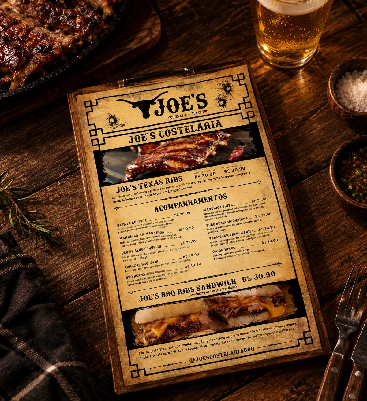 Joe's Costelaria Texas BBQ menu design in a restaurant mockup