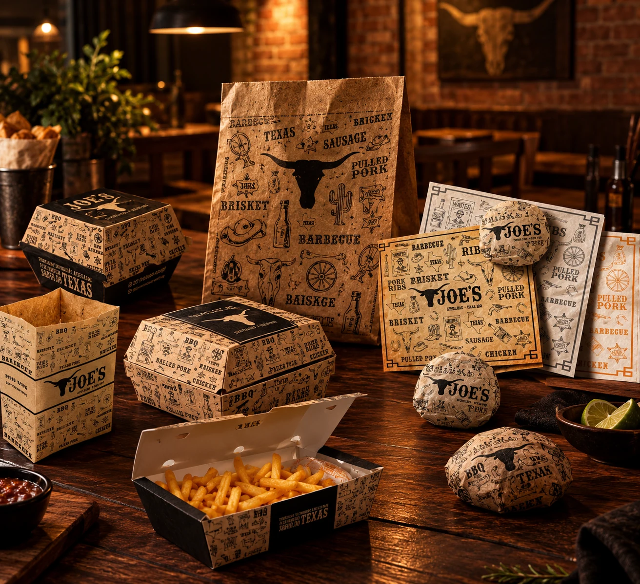 Joe's Costelaria Texas BBQ restaurant packaging mockup