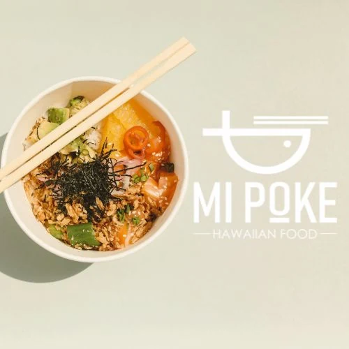 Mi Poke Hawaiian food menu mockup in a tropical setting